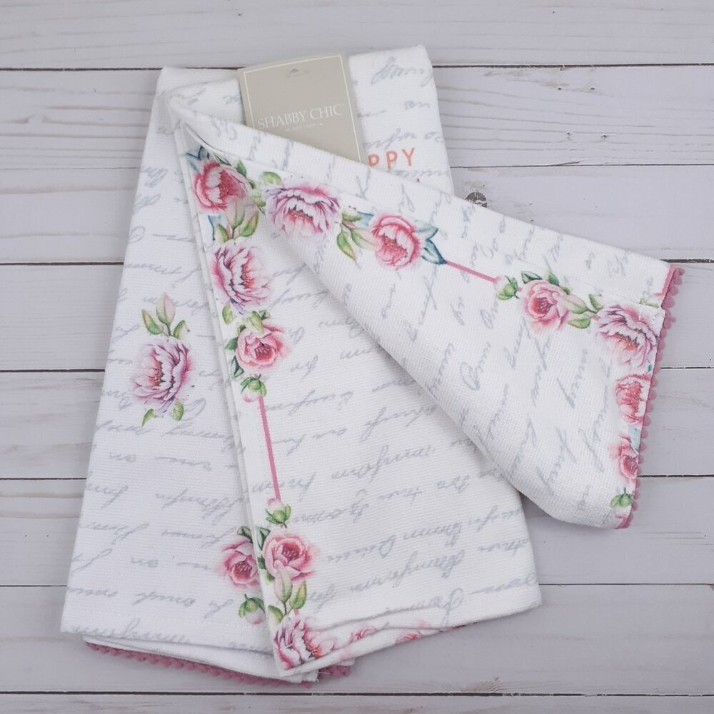 Shabby Chic Easter Kitchen Towels Set of 2 Bunny Flowers Floral Pink - Picture 2 of 4